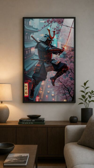 A samurai leaps mid-strike through cherry blossoms, his blade trailing sparks above a neon-lit city of rain and quiet light.
