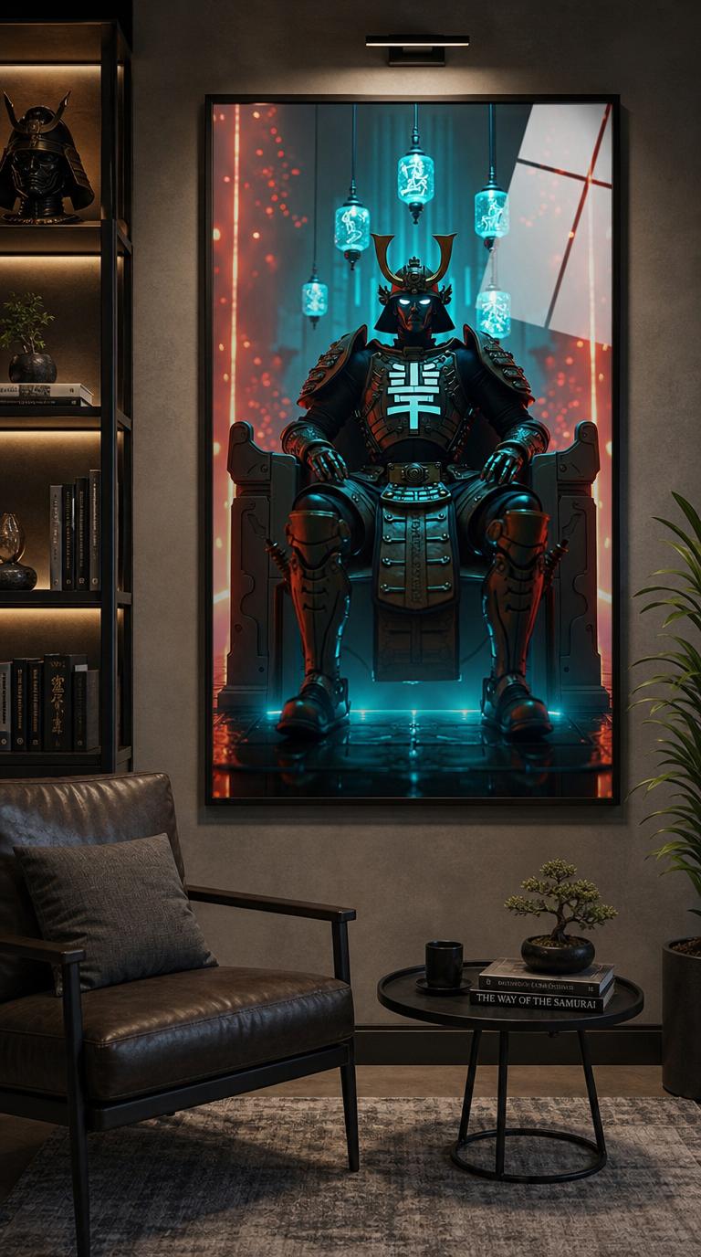 A cybernetic shogun sits enthroned in a hall of light, blue-eyed and still, glowing kanji on his chest while lantern drones drift overhead.
