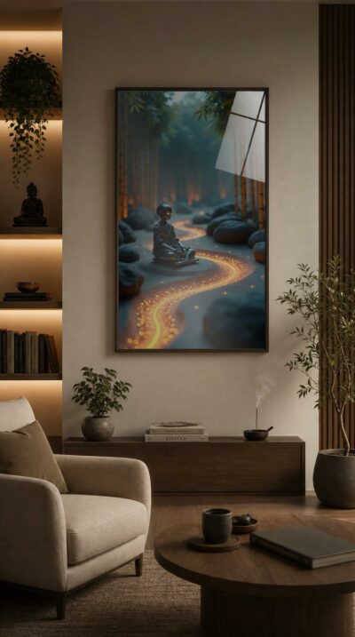 A robotic monk sits in quiet meditation at the heart of a bamboo grove, while a river of golden light winds across raked sand and smooth dark stones.