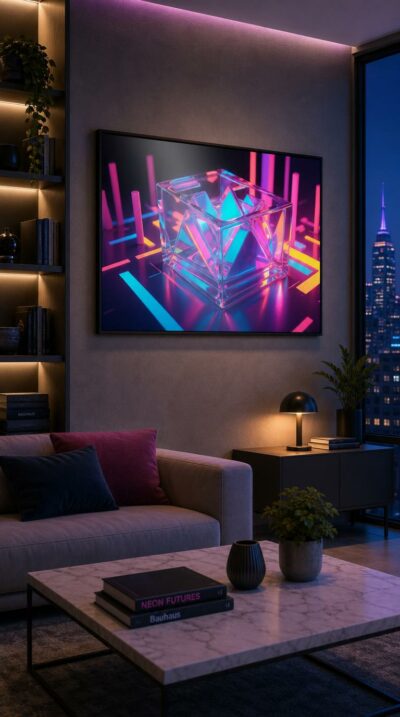 A luminous glass cube cradles glowing crystalline shards, set on a neon grid where electric pinks, blues and yellows bend light into pure digital wonder.