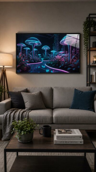 Translucent glowing mushrooms tower over a neon-lit garden, where luminous pathways thread between lush plants in a dreamlike fusion of nature and technology.