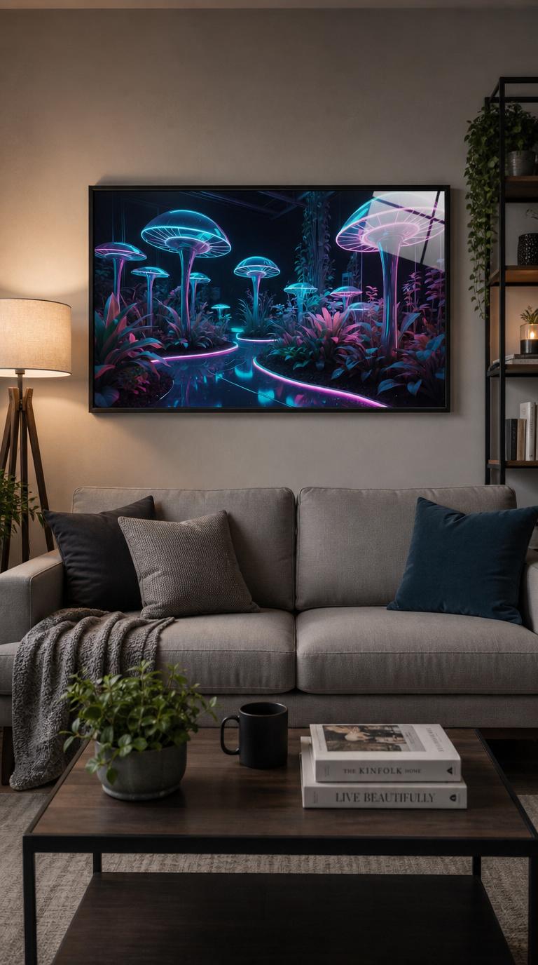Translucent glowing mushrooms tower over a neon-lit garden, where luminous pathways thread between lush plants in a dreamlike fusion of nature and technology.