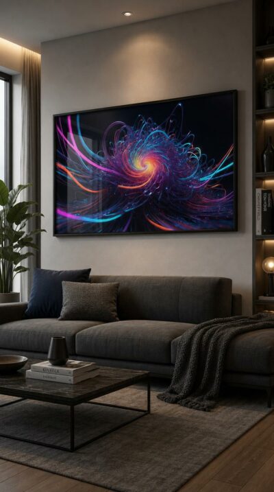 A luminous vortex of glowing fibers spirals into a radiant core, swirling streams of magenta, cyan and orange caught mid-motion against deep black.
