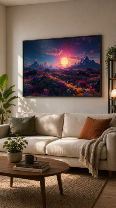 A blazing sun sinks between snow-capped peaks while a field of luminous wildflowers glows under a star-scattered violet sky.