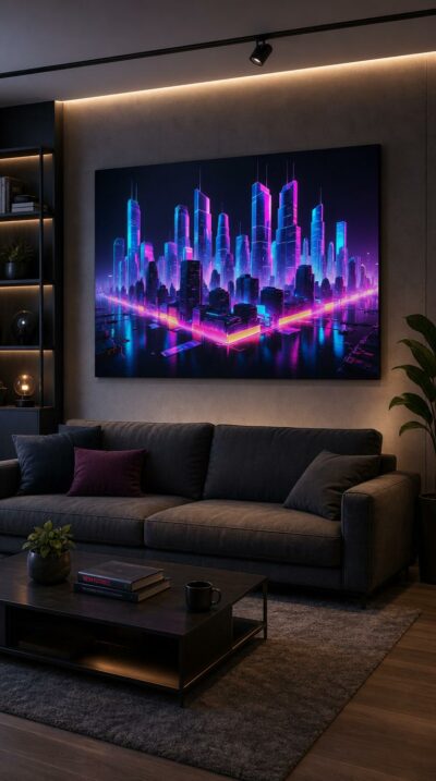 A glowing skyline rises from mirror-still water, towers washed in electric pink and cyan, where the city seems to float on a current of pure light.