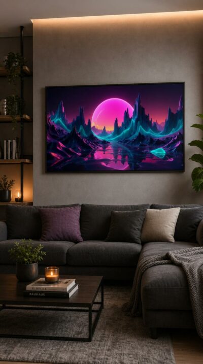 A vast pink orb rises over neon mountains of teal and magenta, their glowing peaks mirrored in a still electric river below.