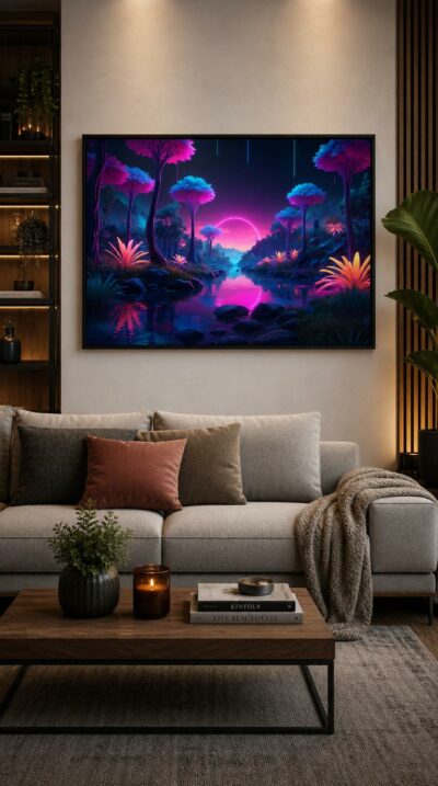 A neon-lit forest at night, where luminous trees and glowing flowers cluster around a still river beneath a glowing ring on the horizon.