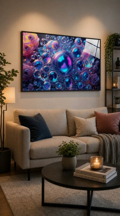 Luminous iridescent spheres cluster like a galaxy of soap bubbles, glowing in electric blue and magenta amid soft, dreamlike roses.