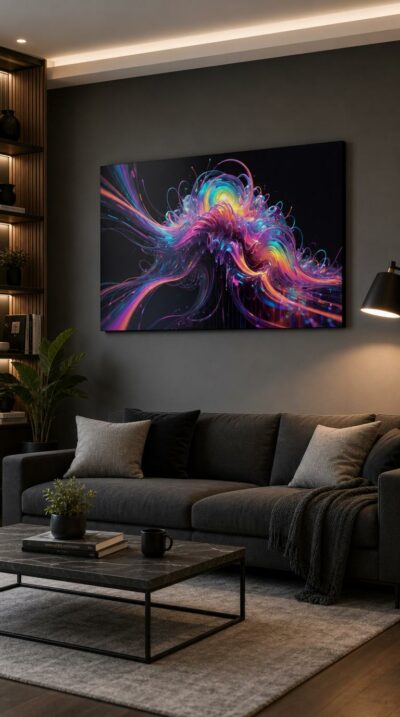 A luminous swirl of iridescent ribbons spirals through deep black space, cascading in waves of neon pink, electric blue and molten gold like data made visible.