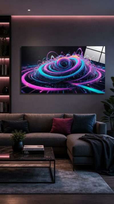Luminous neon currents spiral inward across a dark grid, drawing the eye toward the quiet, magnetic heart of a digital storm.