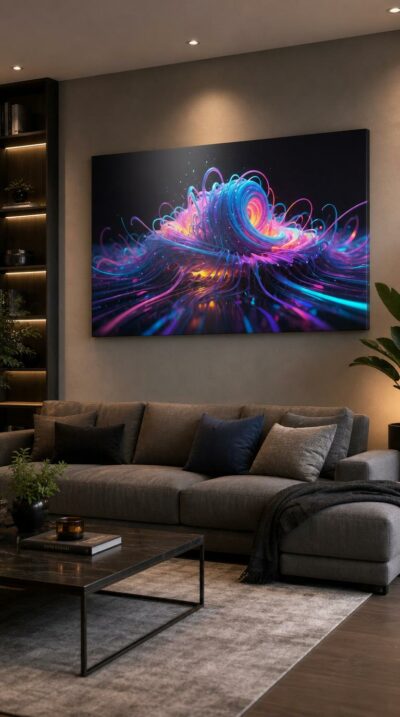 A luminous swirl of neon light coils into a glowing vortex, spilling ribbons of color across a velvet black void in restless, dancing motion.