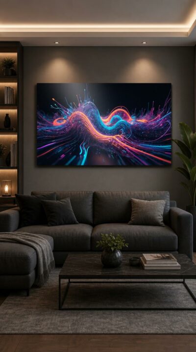 A surging wave of neon light ripples across darkness, threads of magenta, cyan and orange flowing like a luminous heartbeat through space.