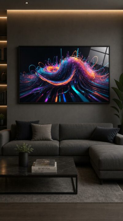 Streams of neon light surge and curl across darkness, a luminous wave of data caught mid-motion against deep black.