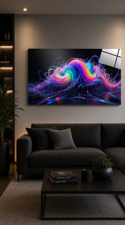 A swirling wave of luminous neon ribbons crests against deep black, twisting like liquid light in a mesmerizing, electric dance.