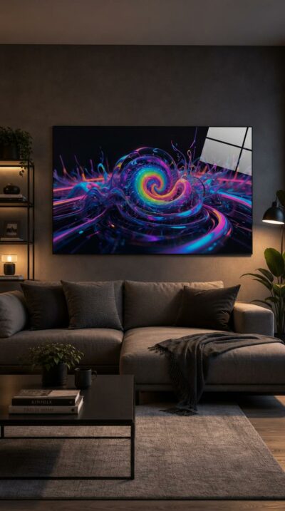A luminous spiral of liquid light coils at the center of a dark field, neon rainbow currents swirling like energy made visible.