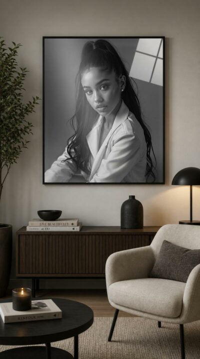 A young woman in profile turns toward the light, her high ponytail and luminous gaze rendered in lustrous black and white studio elegance.