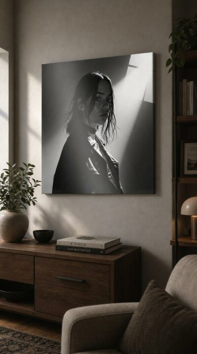 A young woman turns toward a single shaft of light, half her face glowing while shadow claims the rest, in a portrait of quiet defiance.