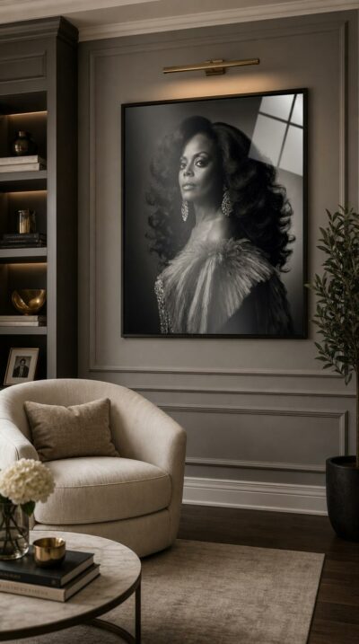 A black-and-white studio portrait of a poised diva, her sculptural mane and feathered gown lit with theatrical drama, radiating quiet, regal command.