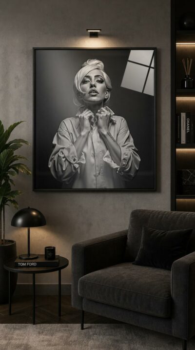 A blonde diva tilts her chin skyward, fists gathered at the collar of an oversized shirt, sculpted by dramatic black-and-white studio light.