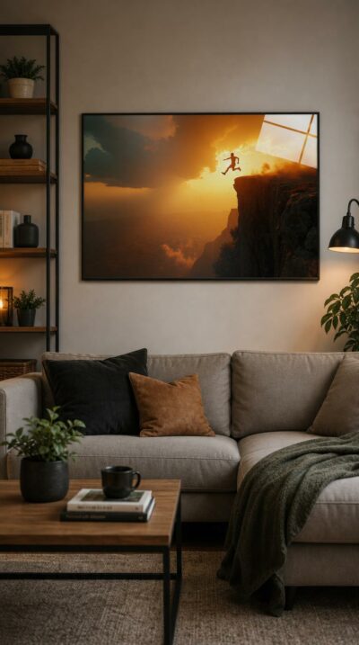 A lone figure hurls itself across a clifftop chasm toward a blazing horizon, suspended between fear and possibility as golden light pierces the storm.