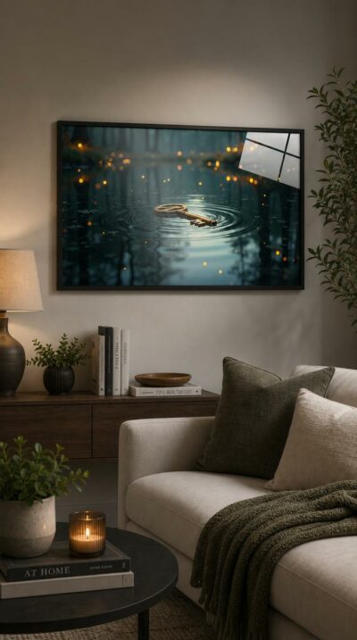 A golden key floats at the heart of a still forest pond, sending soft ripples across water that mirrors a dark wood lit by drifting golden sparks.