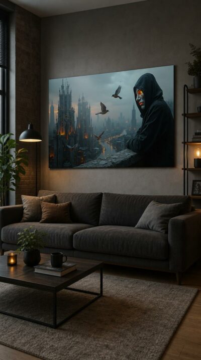 A masked figure in a dark hood leans on a stone parapet, watching birds wheel over a fog-bound city of spires that glows with ember light.