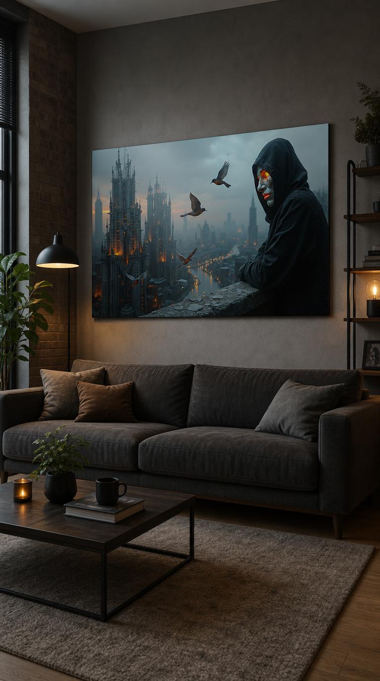 A masked figure in a dark hood leans on a stone parapet, watching birds wheel over a fog-bound city of spires that glows with ember light.