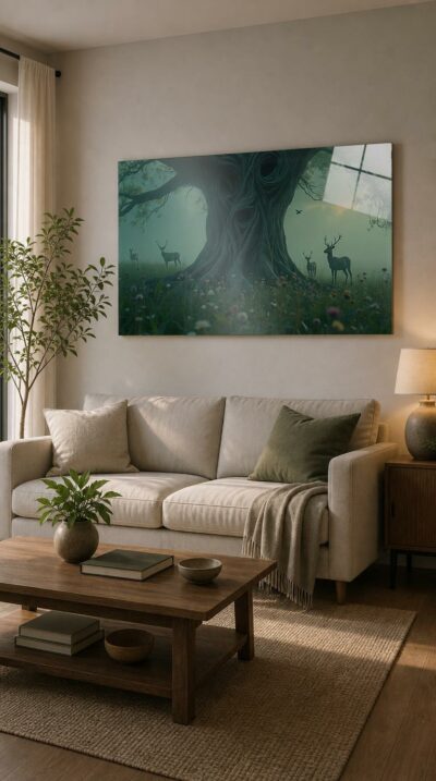 A colossal, twisting tree whose bark seems carved with faces watches over a misty meadow where deer graze among wildflowers, calm and quietly haunting.