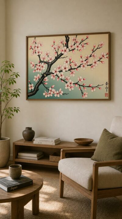A flowering cherry branch unfurls across a soft sky, its pink and white blossoms drawn with the quiet precision of a Japanese woodblock print.