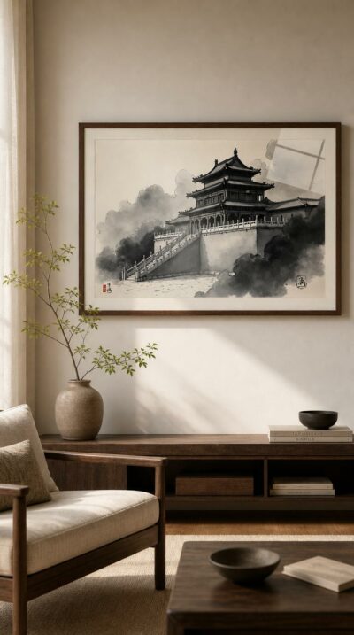 An ink-wash vision of the Forbidden City rising above swirling clouds, its tiered roofs and marble stairways drawn in fluid black and silver grays.
