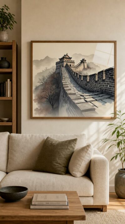 An ink-washed view of the Great Wall climbing across misted ridges, its watchtowers rising above pale mountains and bare winter trees.