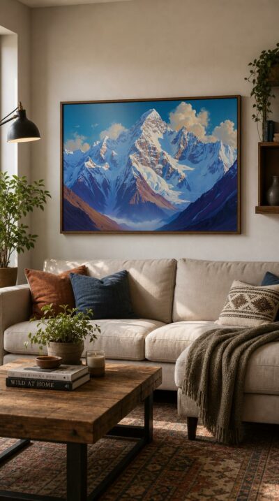 Snow-crowned summits rise into a clear cobalt sky, their blue and amber ridges catching the high mountain light in serene, monumental stillness.