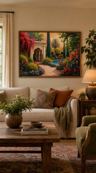 A sun-warmed courtyard where carved Moorish arches, cypress spires and cascades of red blossom open onto a still turquoise pool beneath a peach sky.