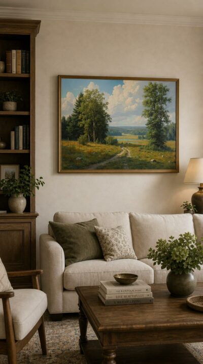 A sunlit meadow path winds toward a distant lake, framed by towering trees beneath a sky heaped with summer clouds.
