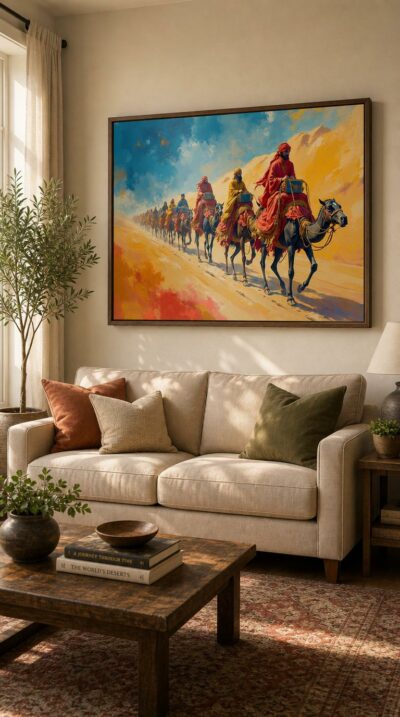 A line of robed riders crosses sunlit dunes on camelback, their crimson and gold cloth blazing against a sweep of cobalt sky.