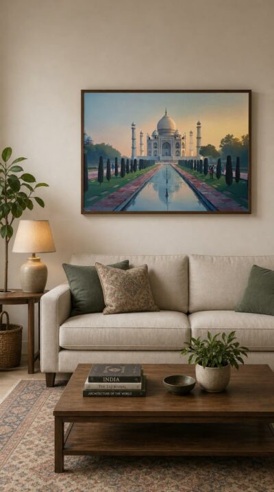 The Taj Mahal floats in soft dawn light, its white marble mirrored in a still reflecting pool framed by deep cypress trees.