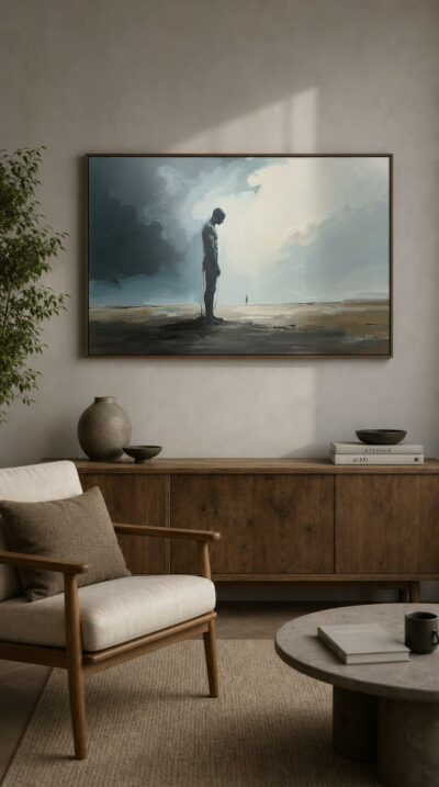 A lone figure stands bowed on a windswept plain, dwarfed by a vast brooding sky, while a distant silhouette deepens the quiet ache of solitude.