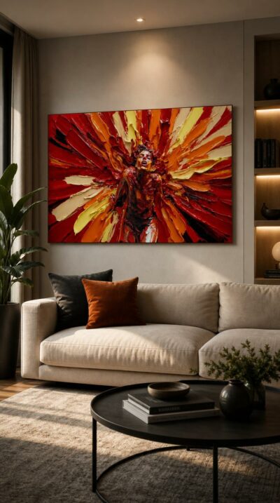 A figure erupts from a radiant burst of red, orange and yellow paint, body and emotion fused in one explosive gesture of love and desire.