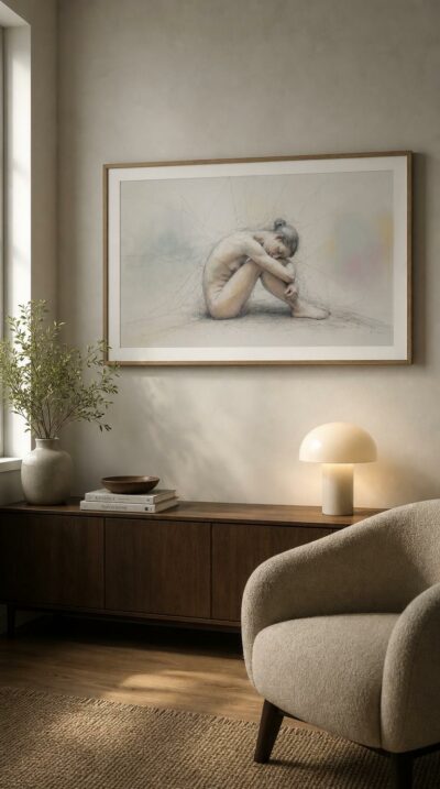 A nude figure curls inward, wrapped in a web of fine pencil lines and pale washes, tender, vulnerable, and quietly luminous.
