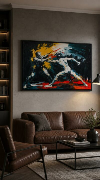 Two figures collide mid-strike, light and shadow locked in furious combat across a fiery field of sweeping, gestural brushwork.