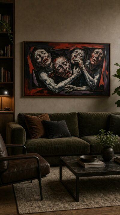 Four anguished faces twist together against torn red and violet, mouths open in a cry no one can hear.
