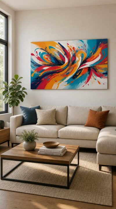 A swirling burst of crimson, gold and turquoise sweeps across white in fluid, gestural strokes, alive with movement and unrestrained joy.