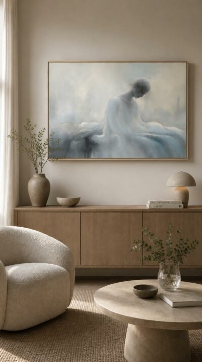A ghostly figure bows her head, dissolving into a soft mist of pale blues, grays and whites, gentle and quietly mournful.