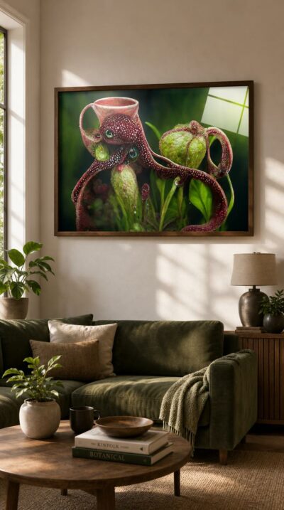 A jewel-red carnivorous plant masquerades as an octopus, its dewy tendrils curling through emerald foliage in a hushed, shadow-pooled garden.