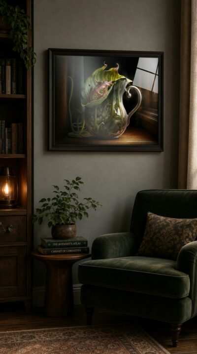 A mythical cephalopod-like creature peers from the foliage of a glass pitcher, half plant, half marine dweller, glowing in candlelit shadow.
