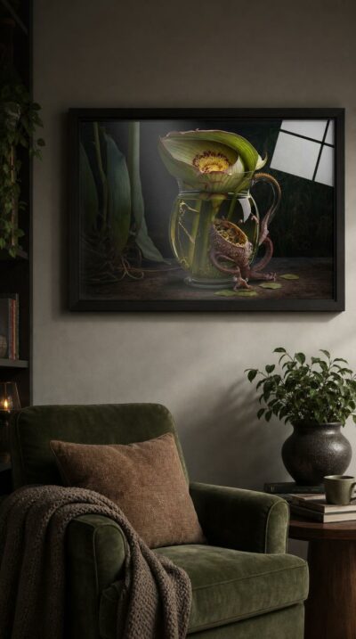 A vast green blossom crowns a glass pitcher of amber water, where octopus-like tendrils coil into the shadows, beauty and creature entwined.