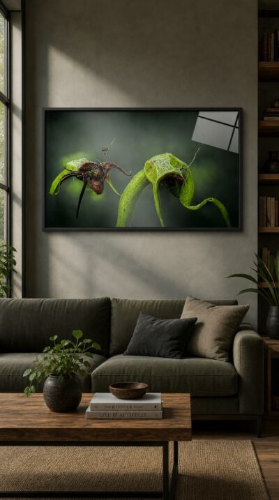 Two cobra-lily blooms curl like tentacled creatures against deep shadow, their green hoods and crimson lips caught in a quiet, dreamlike tension.