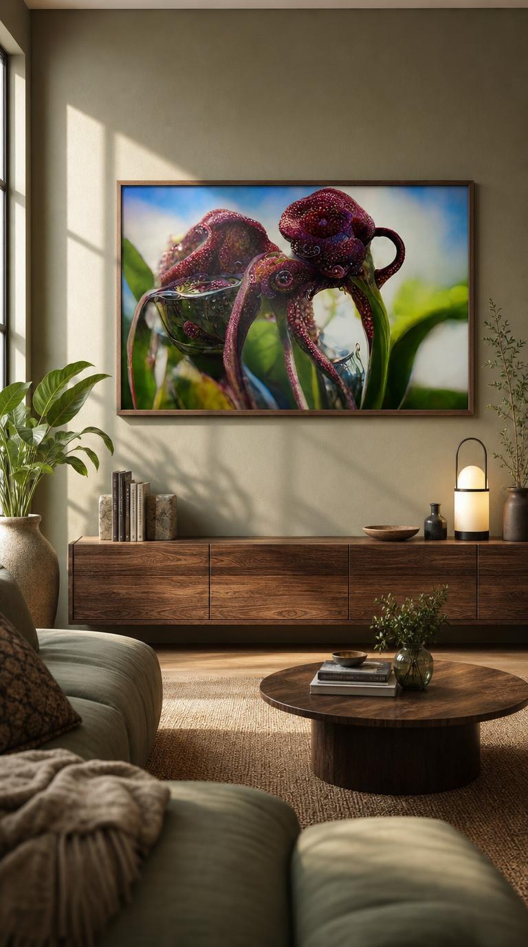 A deep-crimson plant unfurls like an octopus from a glass pitcher, its dew-flecked tendrils reaching across sunlit leaves in a quietly surreal embrace.