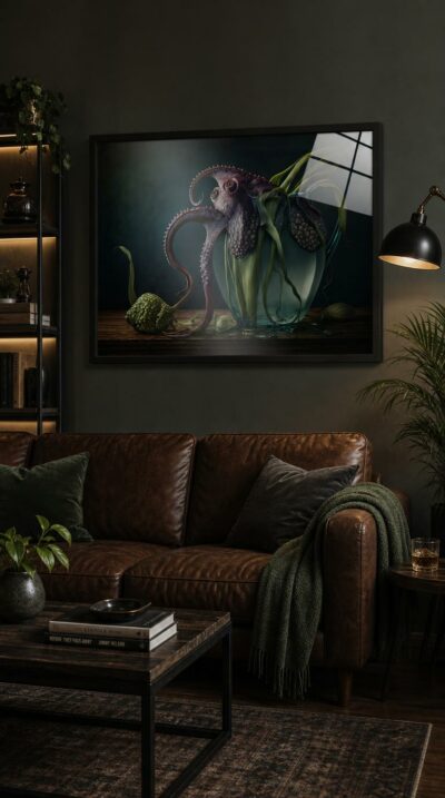 An octopus spills from a glass pitcher into trailing greenery, its tendrils mingling with leaves in a shadowed, painterly still life.