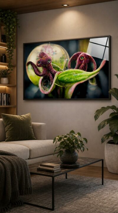 Two violet octopus-like creatures cling to a pitcher plant in a glowing macro embrace, half botany, half myth, suspended between light and shadow.
